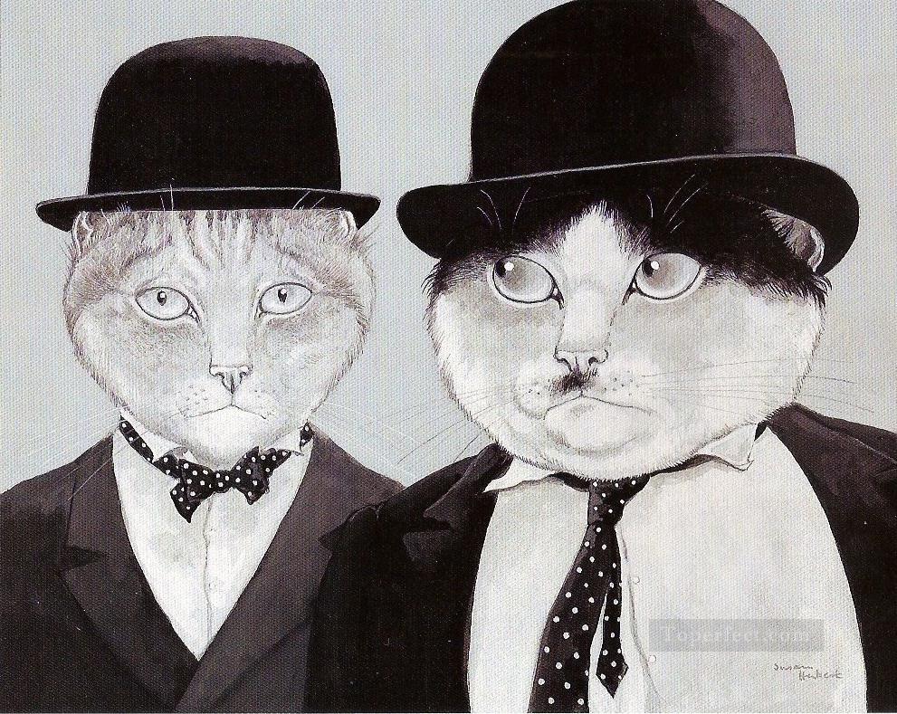 スーツを着た猫たち油絵